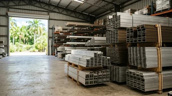 Perfis de alumínio estocados em distribuidor de Manaus
