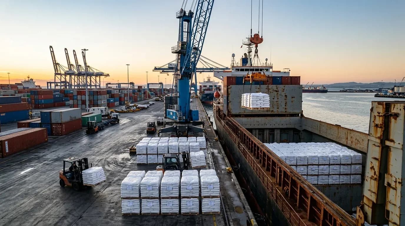Pallets de sacos de leite em pó aguardando embarque em terminal portuário