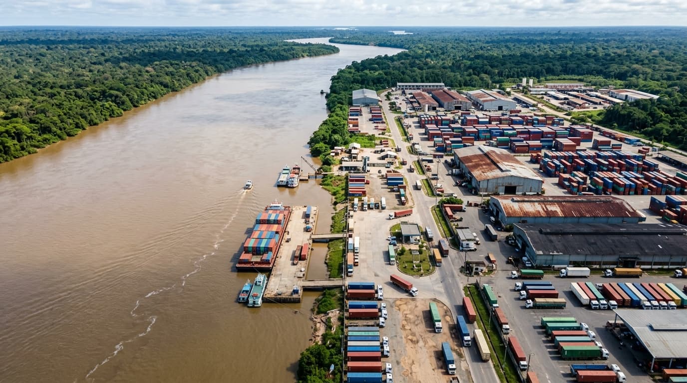 Vista aérea de um parque industrial com galpões e contêineres próximos a um rio na região amazônica