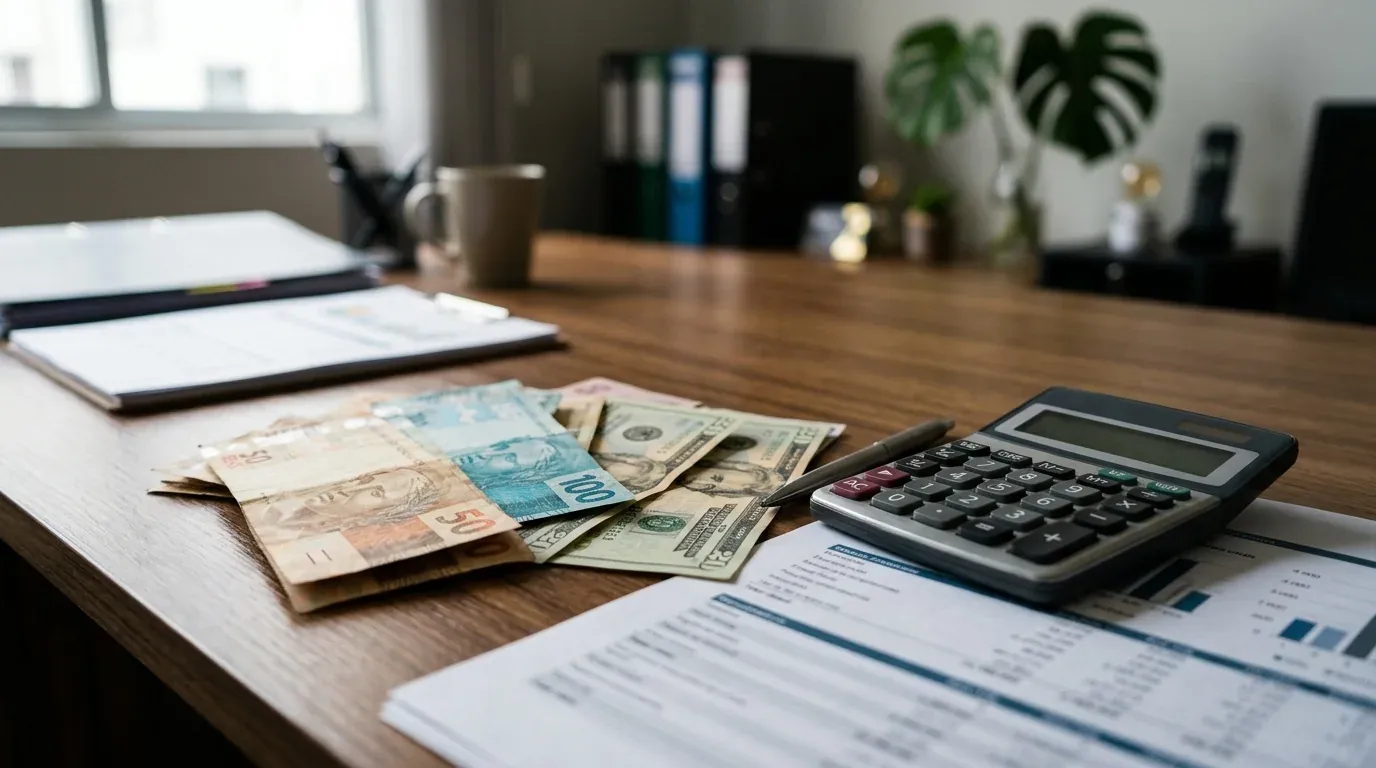 Notas de real e dólar sobre uma mesa com calculadora, representando o cálculo do IOF no câmbio