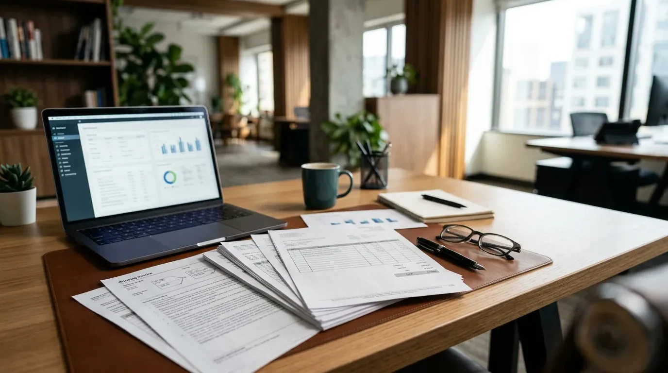 Executivo analisando documentos de carta de crédito para importação em escritório