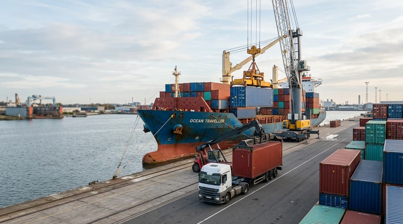 Contêineres sendo descarregados em porto representando a entrega internacional nos incoterms DAP e DDP