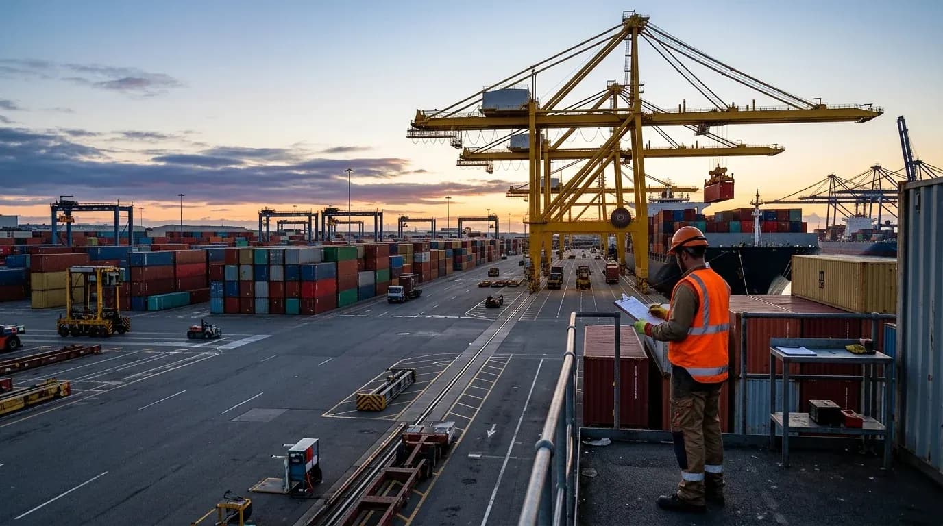 Máquina industrial usada sendo descarregada de container em pátio portuário