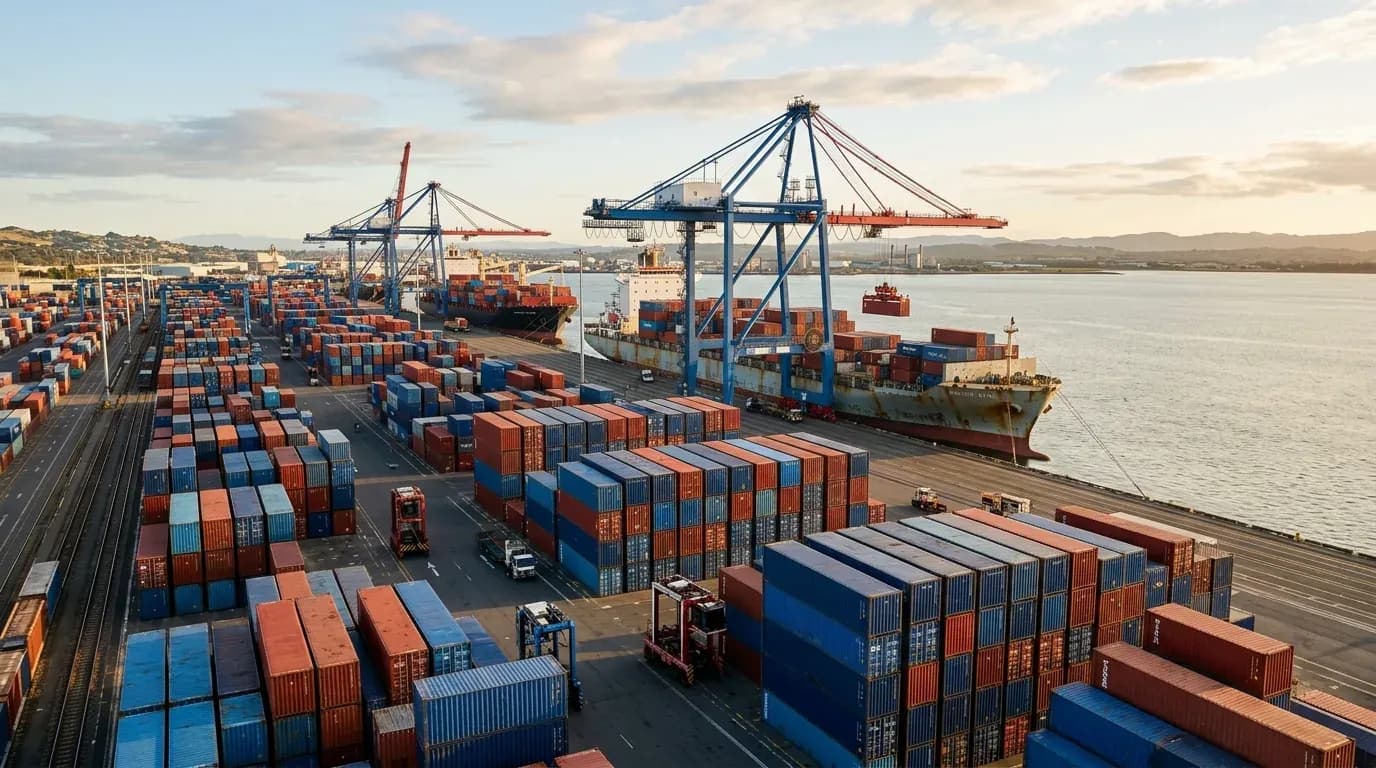 Contêineres empilhados em um porto com navio cargueiro ao fundo