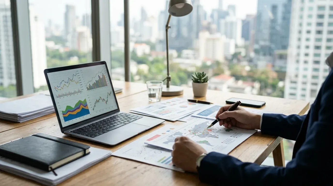Executivo analisando documentos de pagamento internacional em um escritório