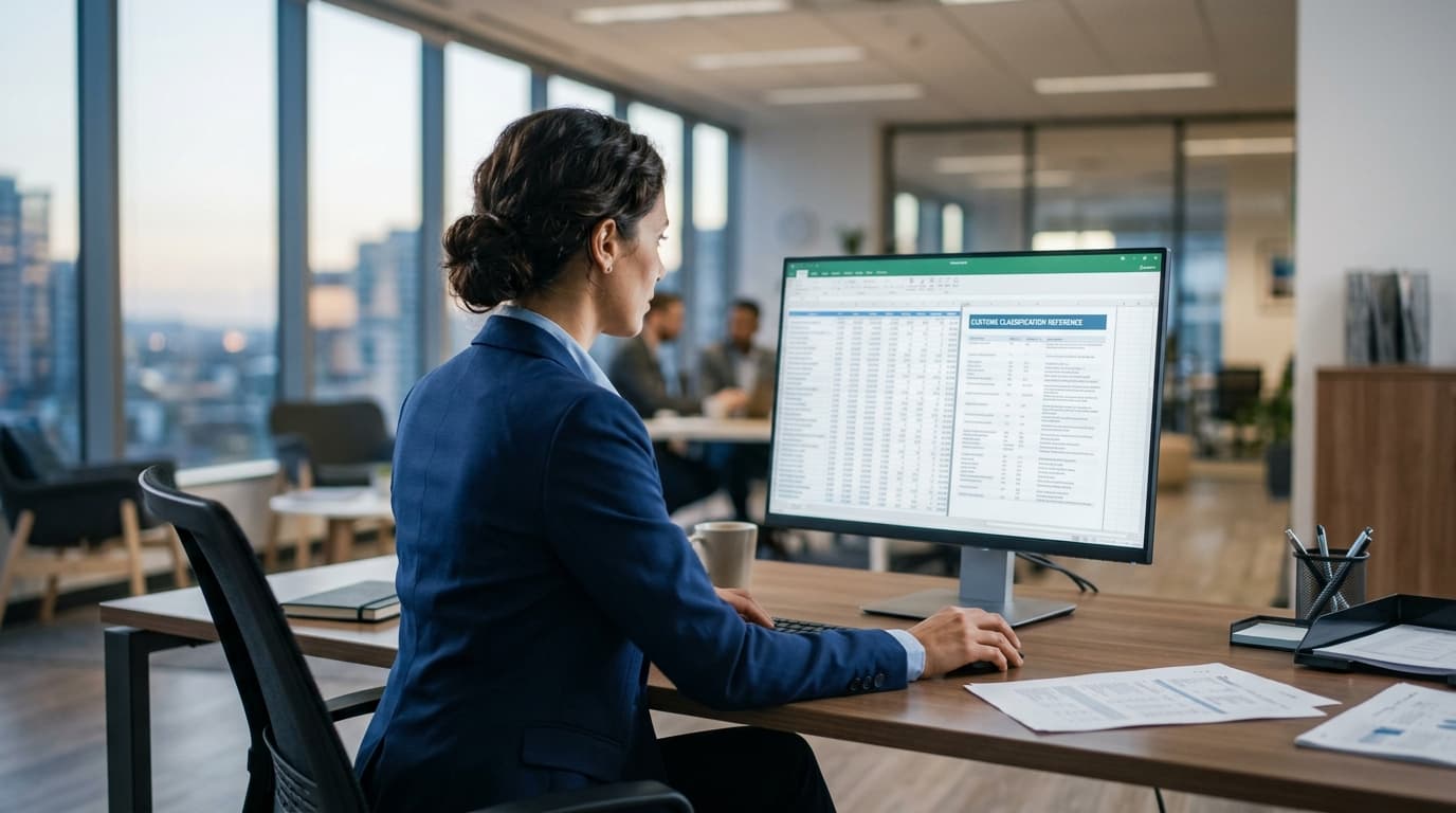 Profissional consultando tabela de classificação fiscal em um computador em escritório de comércio exterior