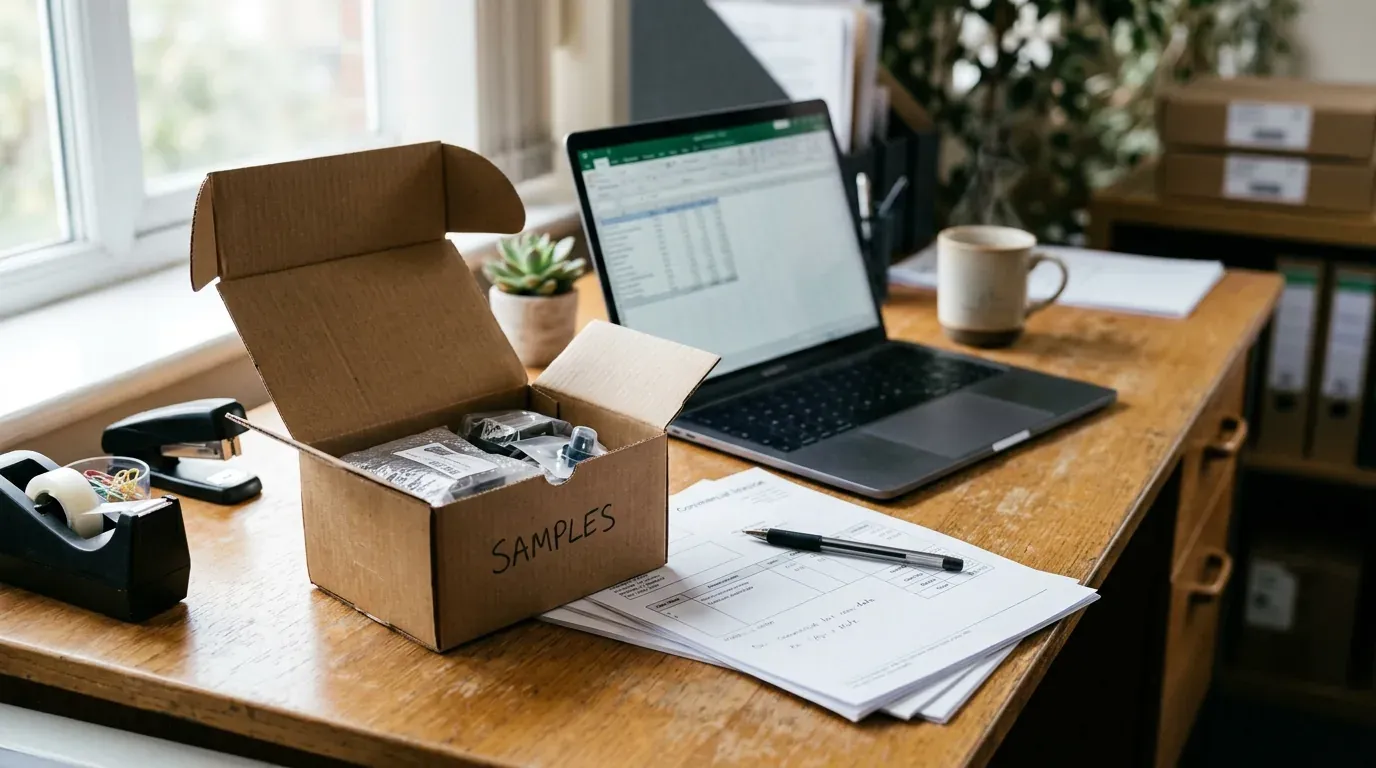 Caixa de amostra de produto aberta sobre mesa de escritório com documentos de importação e fatura comercial ao lado