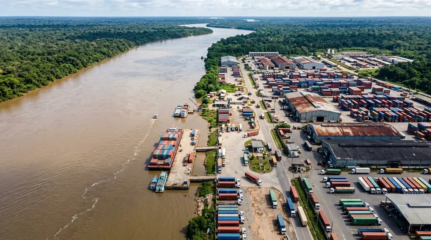 Vista aérea de um parque industrial com galpões e contêineres próximos a um rio na região amazônica