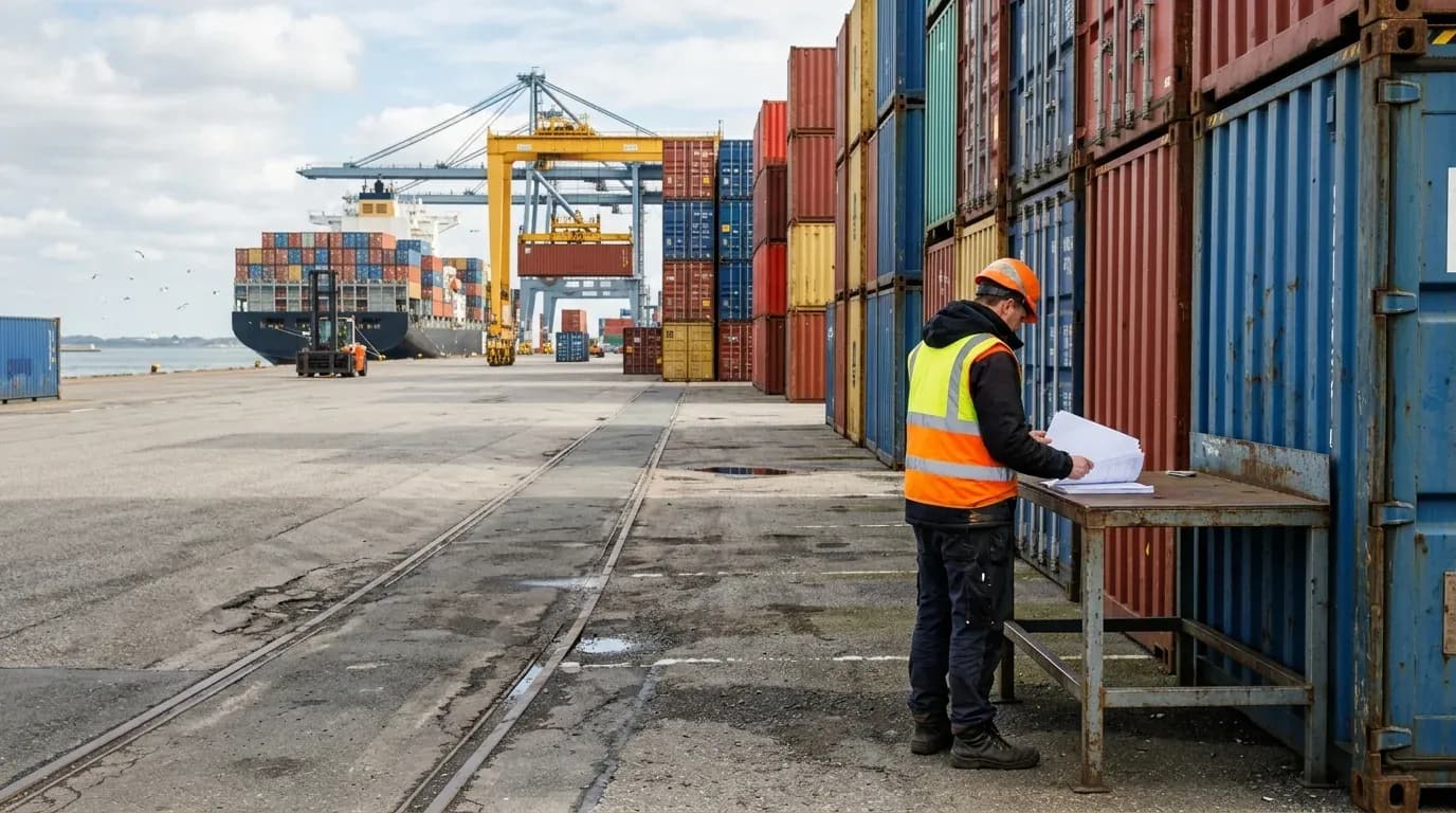 Trabalhador portuário conferindo documentos de carga com containers ao fundo