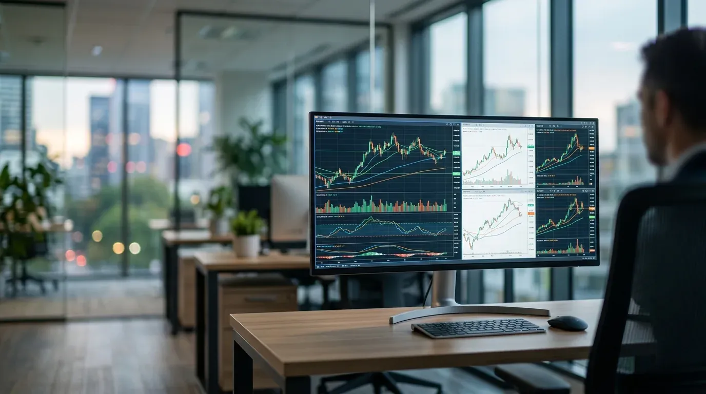 Executivo analisando gráficos de cotação de moeda em tela de computador em escritório corporativo