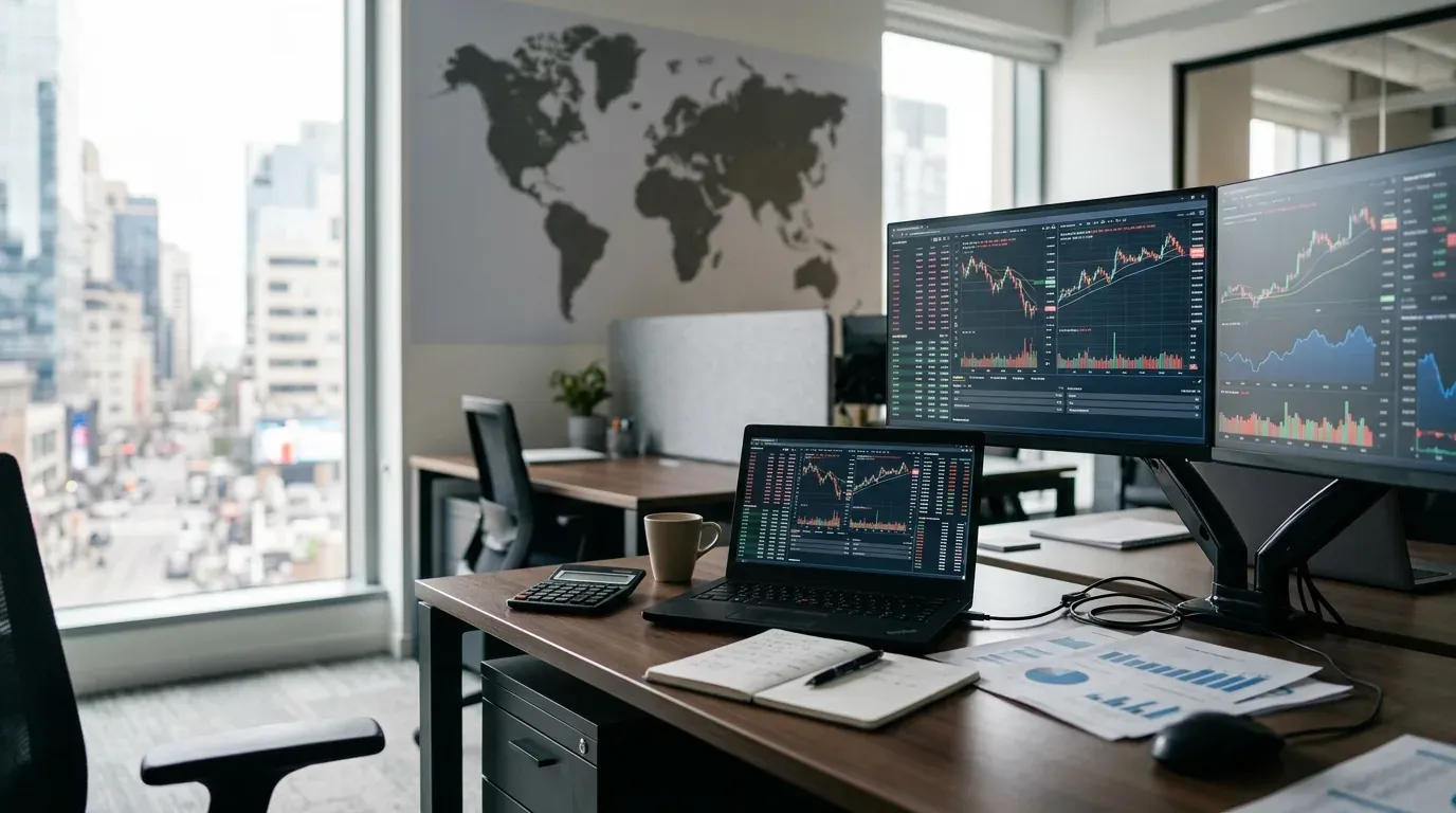 Executivo analisando gráficos de câmbio e investimentos internacionais em um escritório corporativo