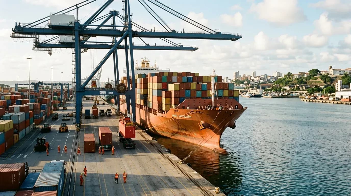 Container sendo movimentado em porto brasileiro durante operação de importação