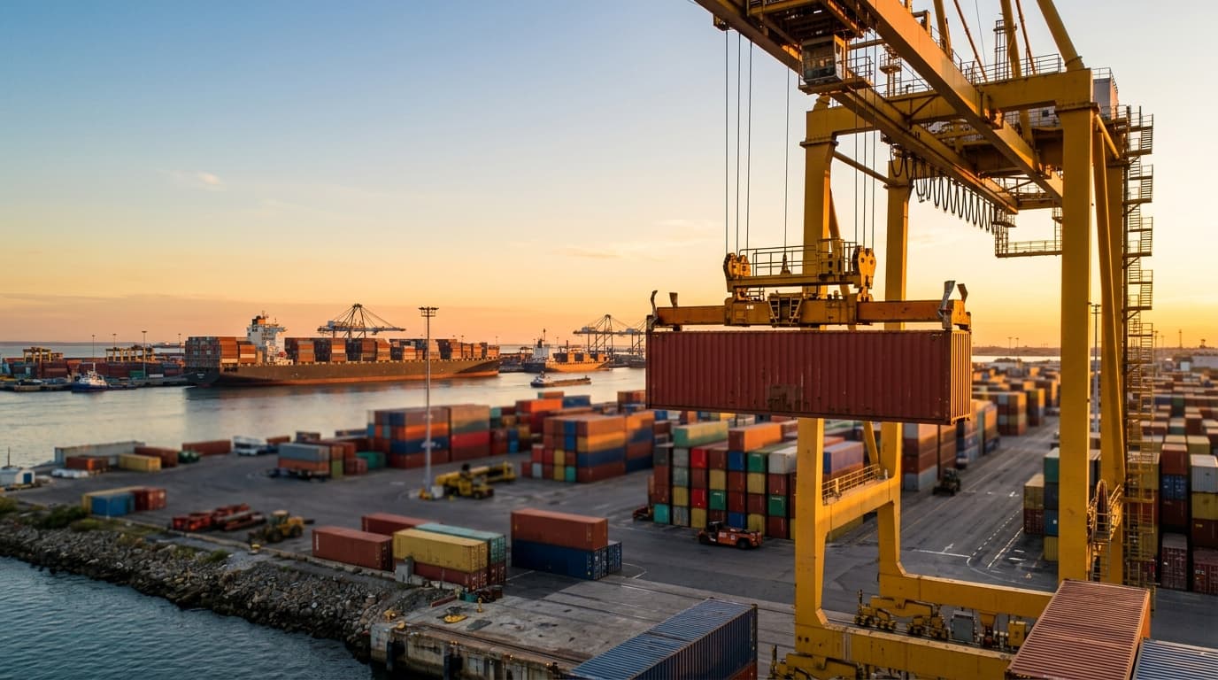 Container de carga sendo movimentado em um terminal portuário durante o dia