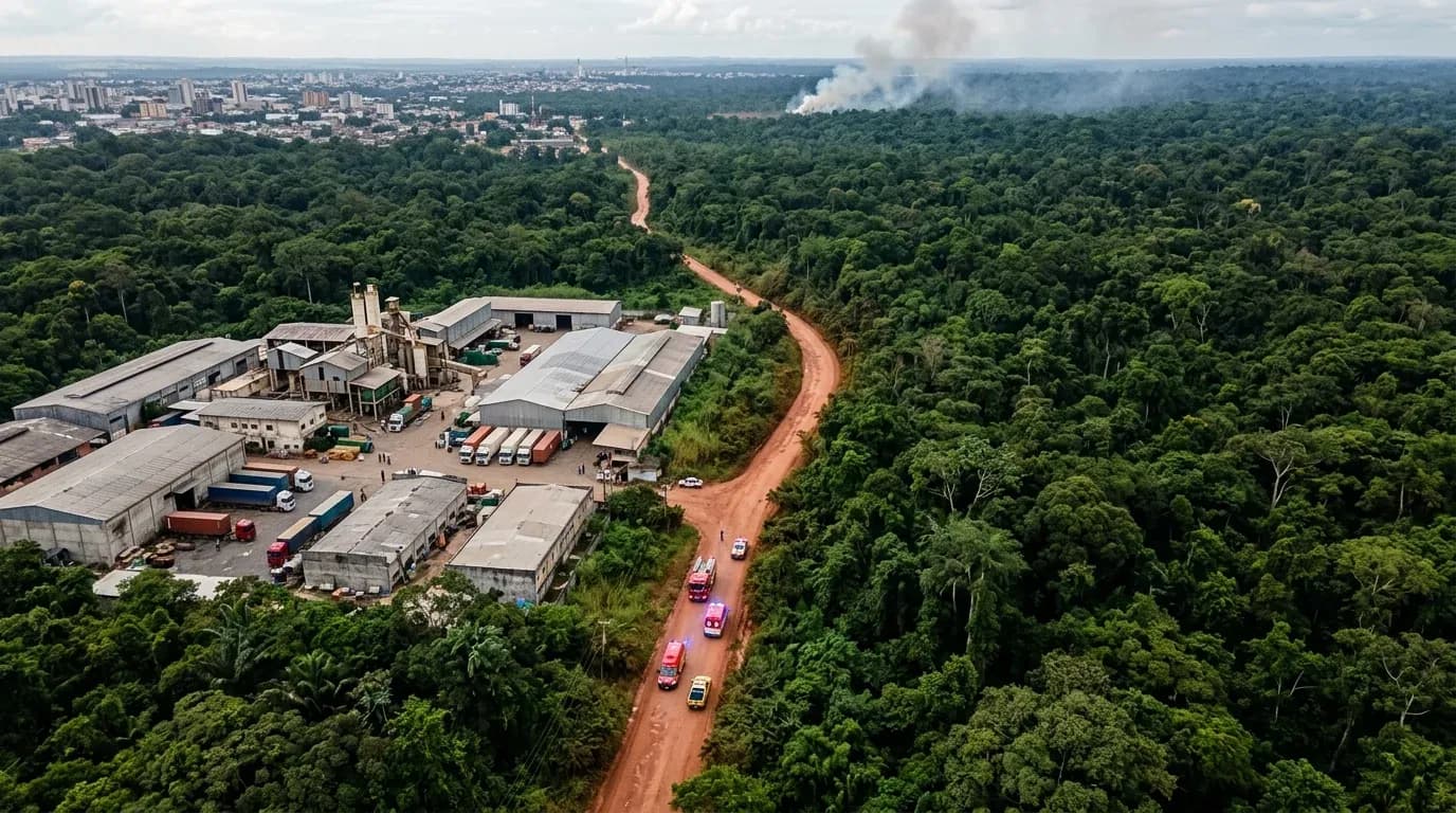 Vista aérea de galpões industriais em área de floresta próxima a Manaus, com fumaça ao fundo sendo observada por equipes de monitoramento