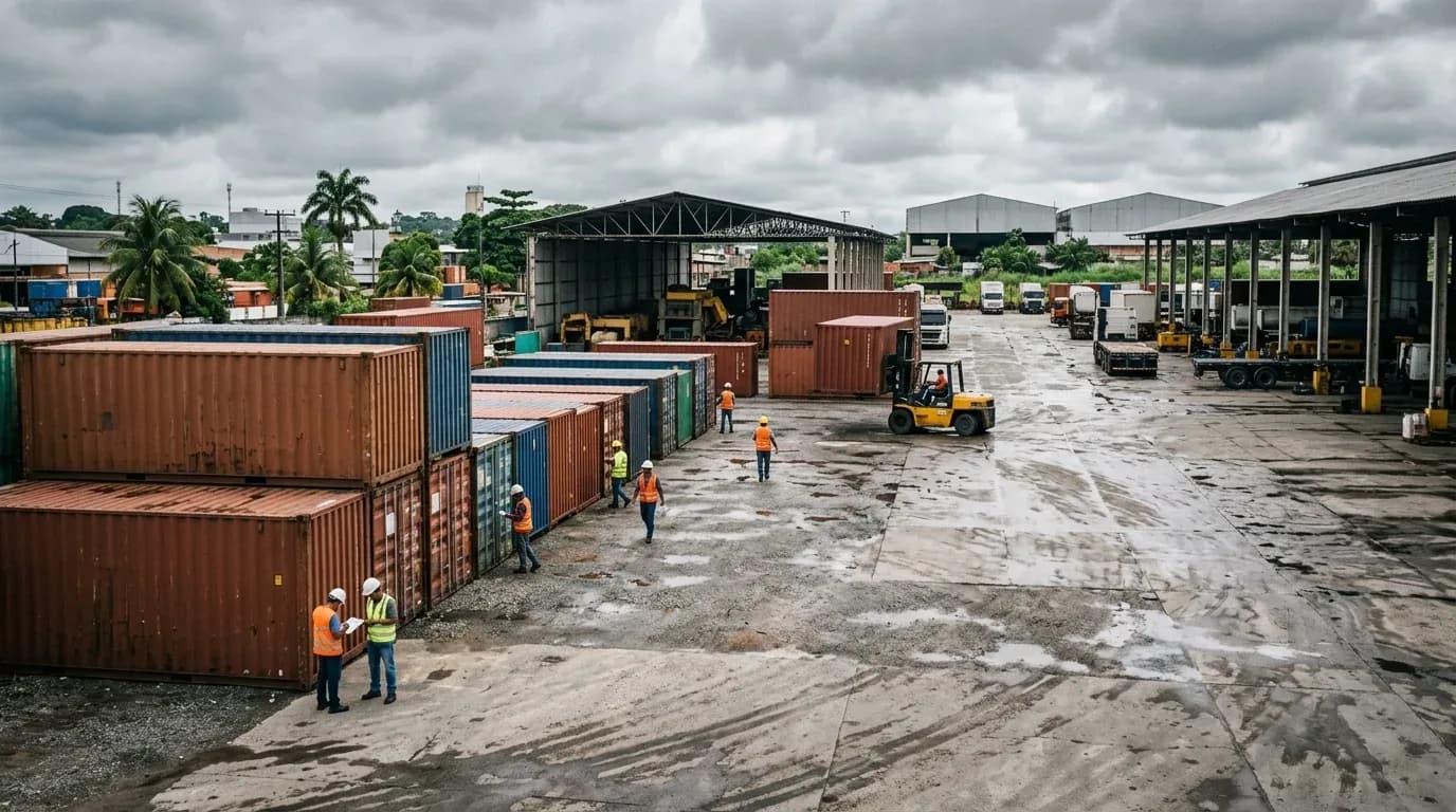 Operários conferindo containers de carga em um pátio logístico com galpões industriais ao fundo em Manaus
