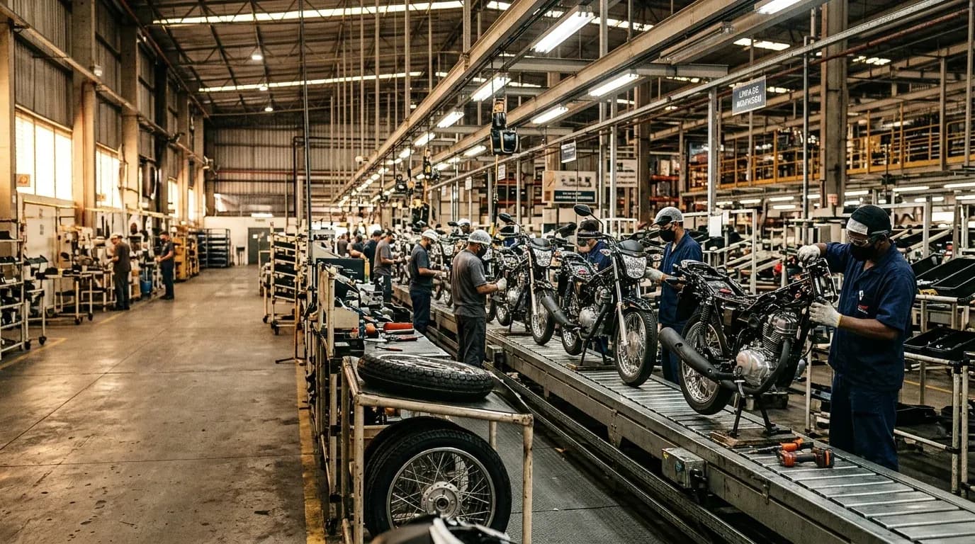 Linha de produção automotiva no Polo Industrial de Manaus com autopeças e componentes de motos