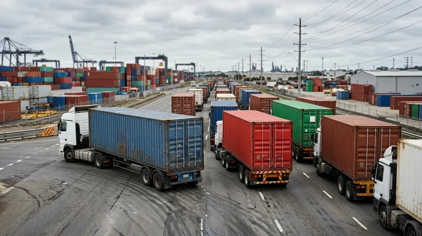 Caminhões parados em via de acesso a um distrito industrial durante bloqueio de tráfego