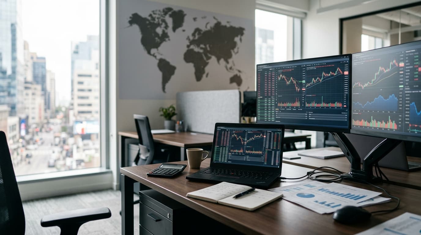 Executivo analisando gráficos de câmbio e investimentos internacionais em um escritório corporativo