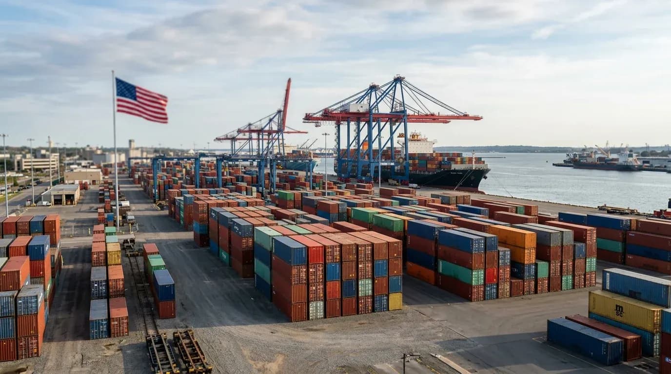 Container de carga em porto com bandeira americana ao fundo representando importação dos Estados Unidos