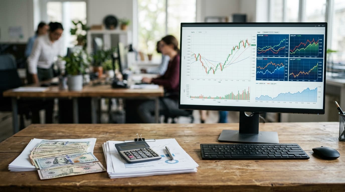 Tela de computador mostrando gráfico de cotação de câmbio ao lado de notas de dólar sobre uma mesa de escritório
