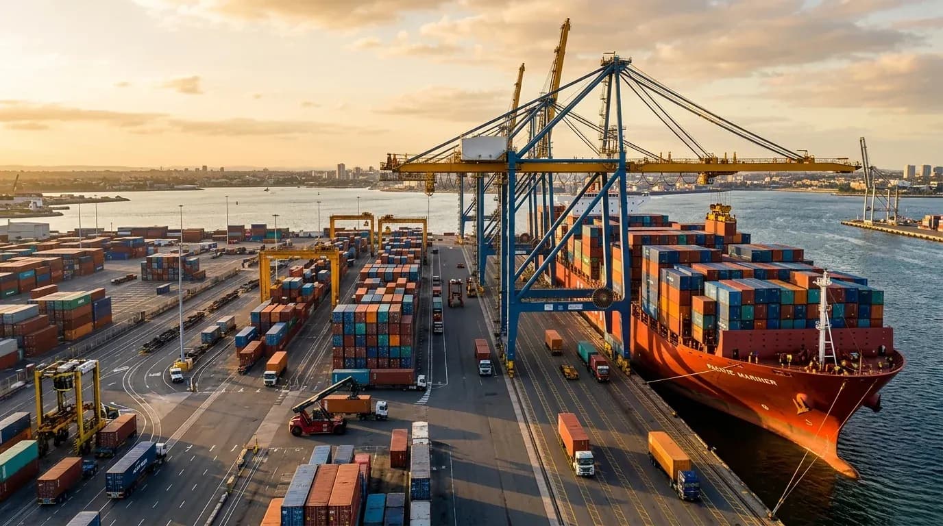 Container sendo carregado em navio de carga em porto internacional