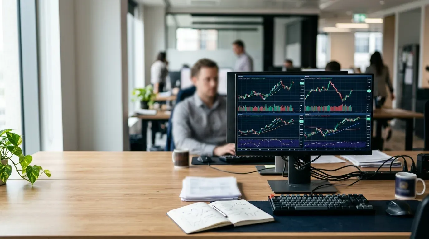 Painel de cotações e gráficos de câmbio em tela de computador em escritório corporativo